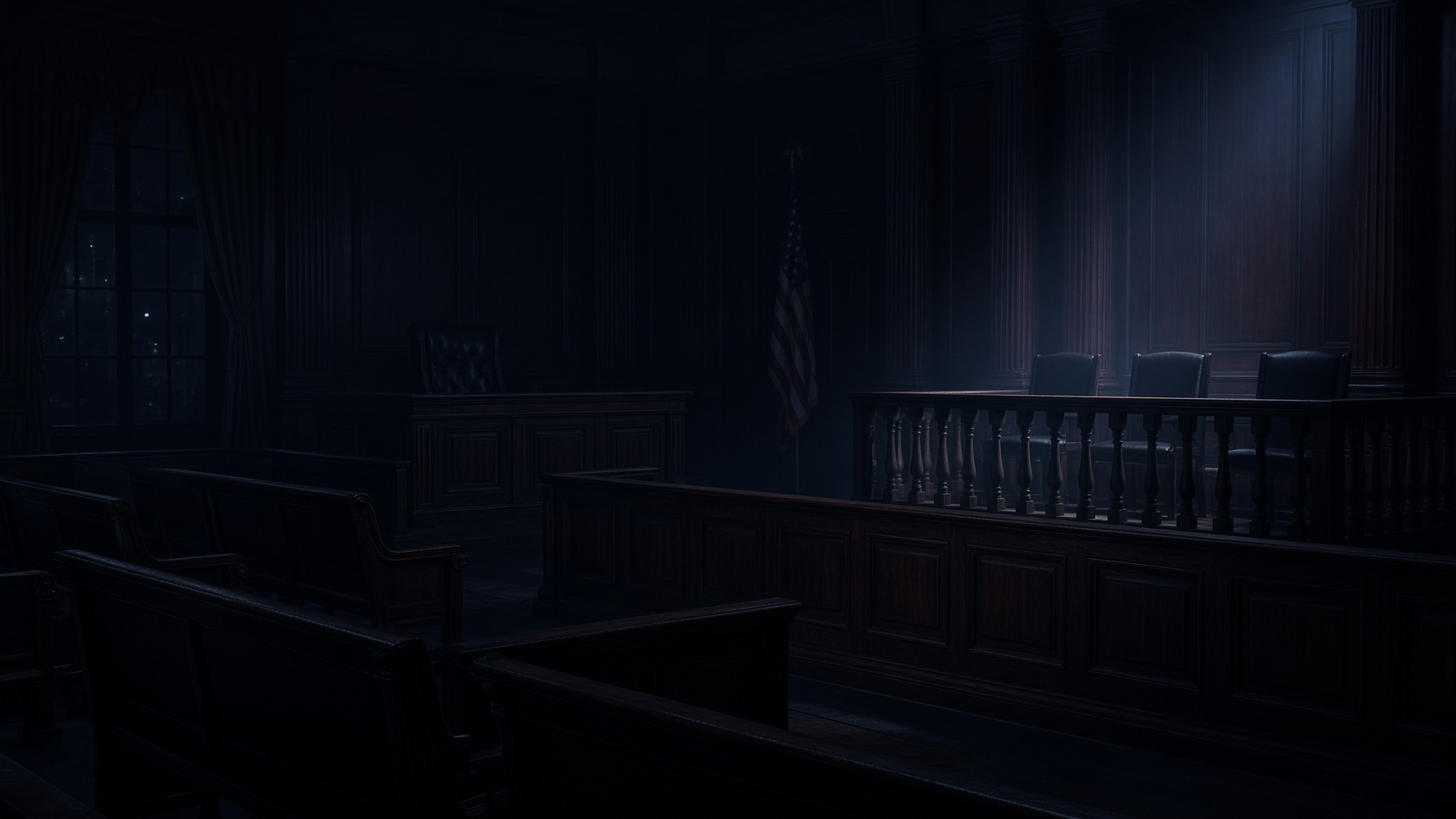 An empty courtroom at night