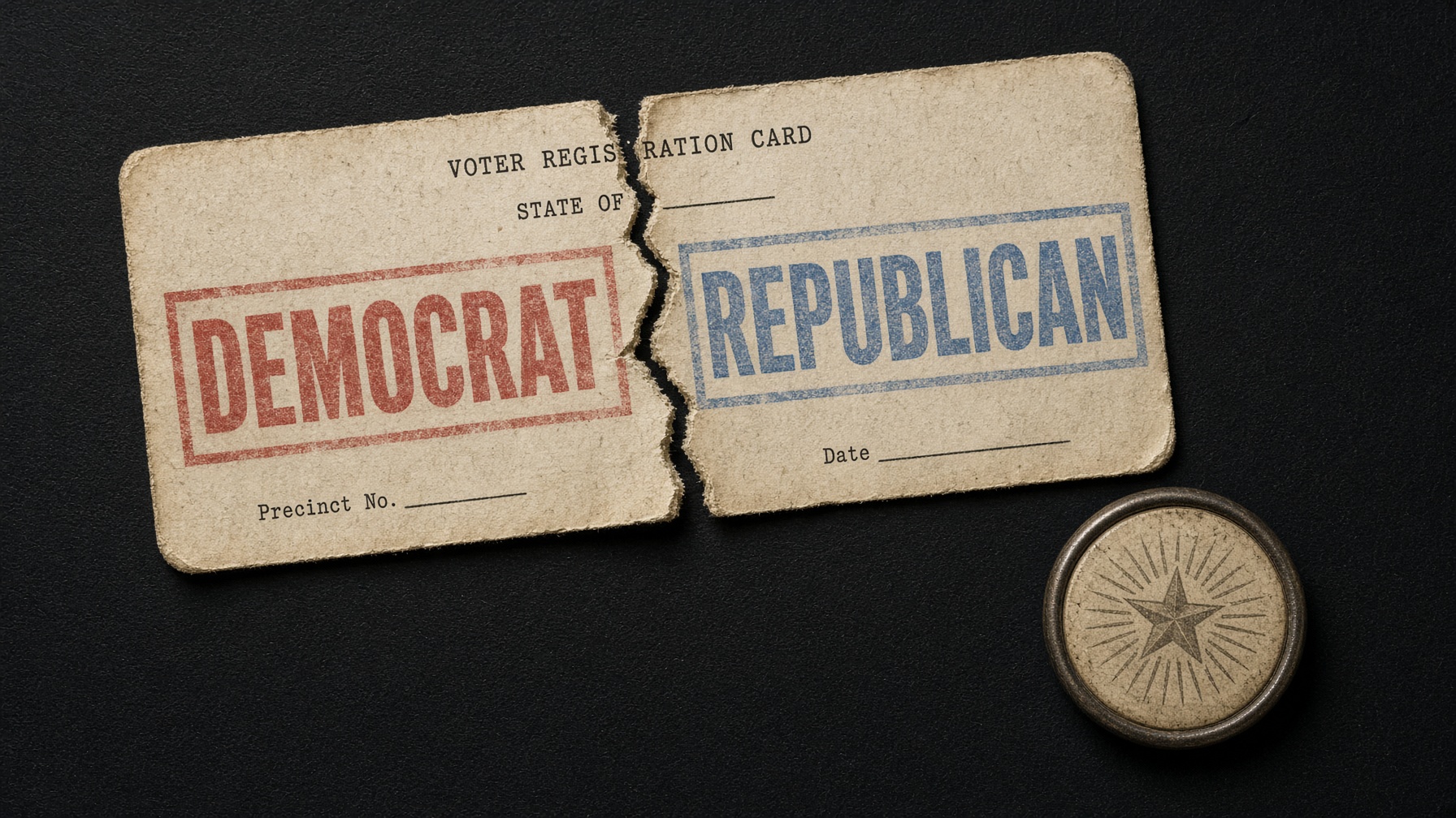Torn voter cards stamped Democrat and Republican