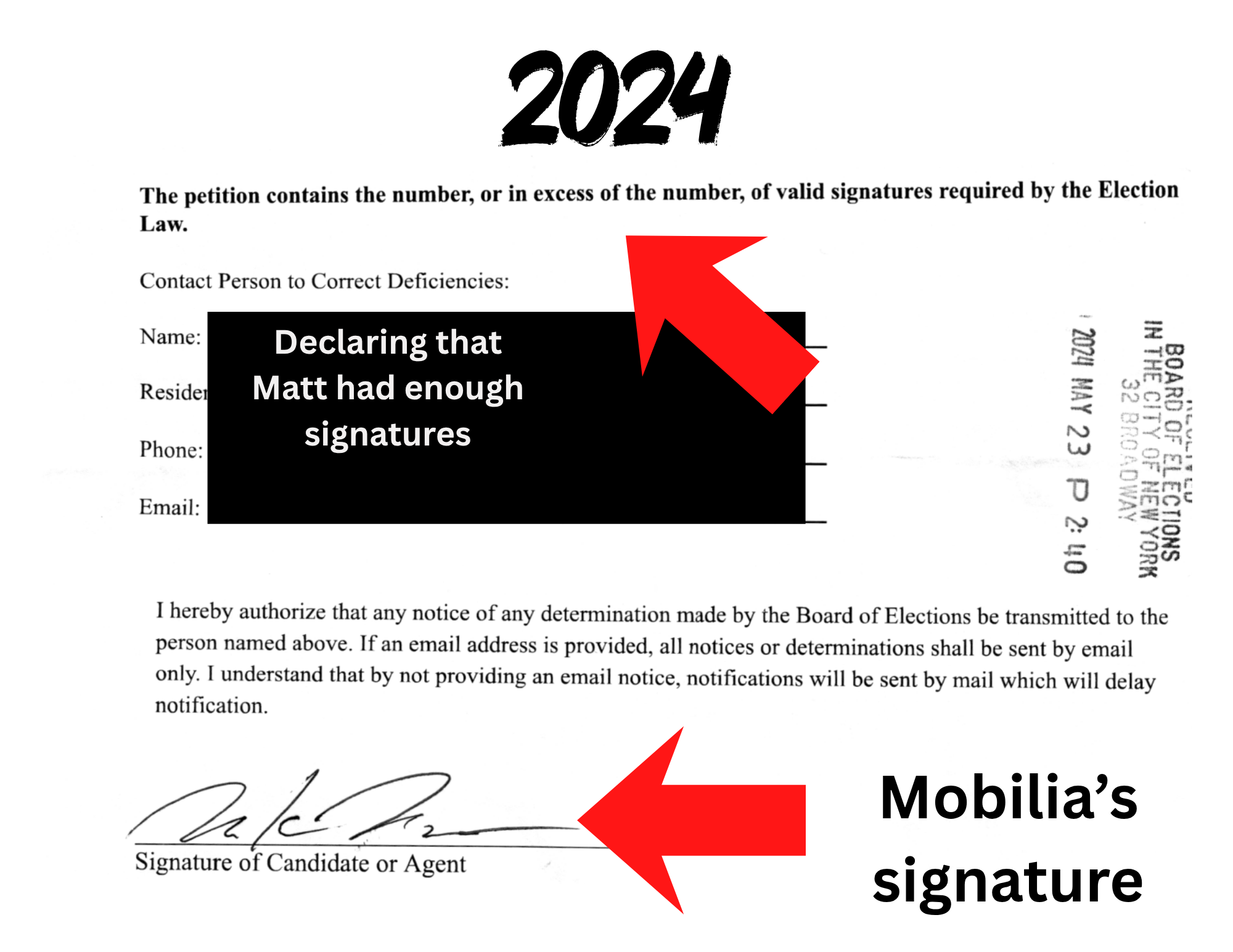 2024 petition cover sheet. Matt Mobilia signed a declaration that the petition contained enough valid signatures. Personal contact fields redacted. Received by the NYC Board of Elections May 23, 2024.