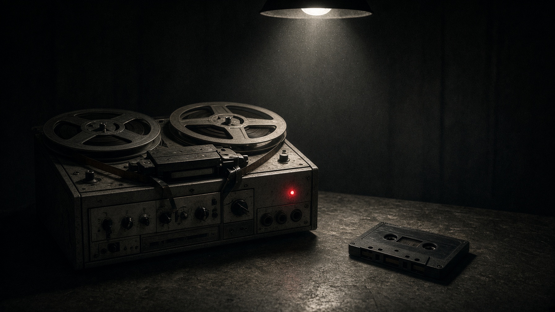 A reel-to-reel recorder on a metal table, red recording light on